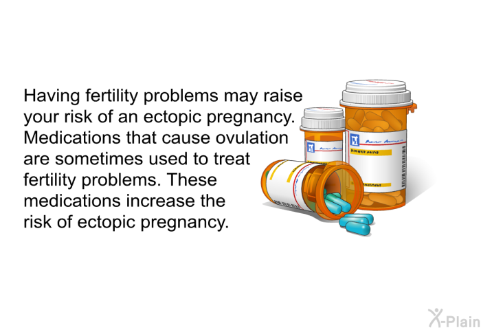 Having fertility problems may raise your risk of an ectopic pregnancy. Medications that cause ovulation are sometimes used to treat fertility problems. These medications increase the risk of ectopic pregnancy.
