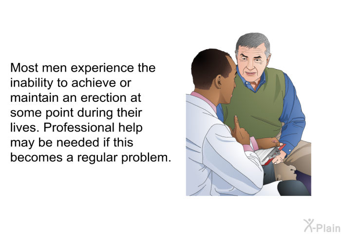 Most men experience the inability to achieve or maintain an erection at some point during their lives. Professional help may be needed if this becomes a regular problem.