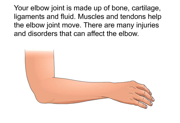 Your elbow joint is made up of bone, cartilage, ligaments and fluid. Muscles and tendons help the elbow joint move. There are many injuries and disorders that can affect the elbow.
