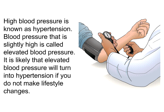 High blood pressure is known as hypertension. Blood pressure that is slightly high is called elevated blood pressure. It is likely that elevated blood pressure will turn into hypertension if you do not make lifestyle changes.