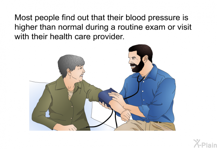 Most people find out that their blood pressure is higher than normal during a routine exam or visit with their health care provider.