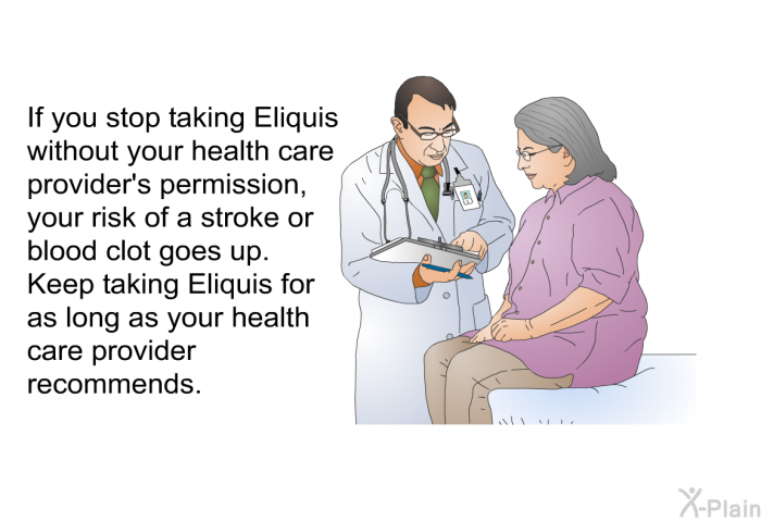 If you stop taking Eliquis without your health care provider's permission, your risk of a stroke or blood clot goes up. Keep taking Eliquis for as long as your health care provider recommends.