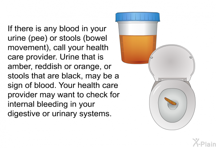 If there is any blood in your urine (pee) or stools (bowel movement), call your health care provider. Urine that is amber, reddish or orange, or stools that are black, may be a sign of blood. Your health care provider may want to check for internal bleeding in your digestive or urinary systems.