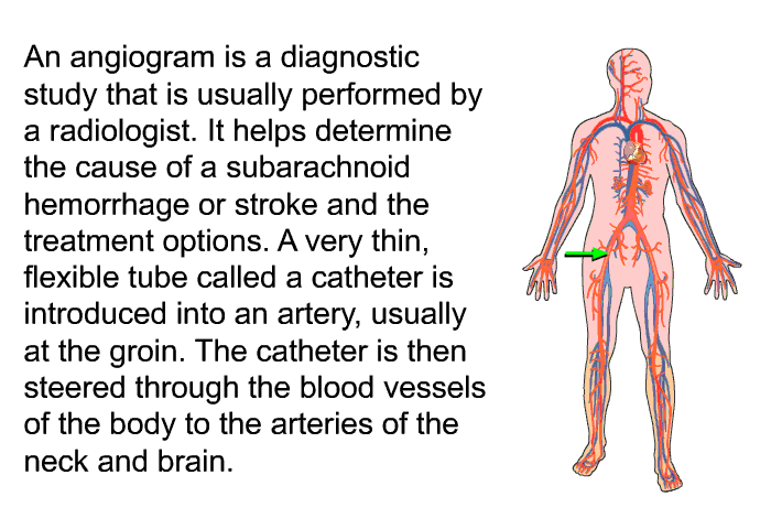 An angiogram is a diagnostic study that is usually performed by a radiologist. It helps determine the cause of a subarachnoid hemorrhage or stroke and the treatment options. A very thin, flexible tube called a catheter is introduced into an artery, usually at the groin. The catheter is then steered through the blood vessels of the body to the arteries of the neck and brain.