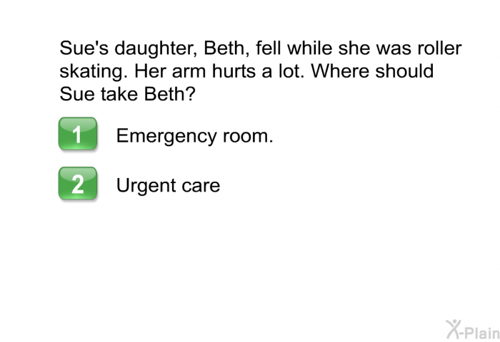 Sue's daughter, Beth, fell while she was roller skating. Her arm hurts a lot. Where should Sue take Beth?  Emergency room. Urgent care.