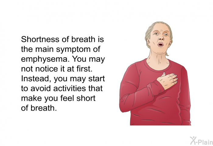 Shortness of breath is the main symptom of emphysema. You may not notice it at first. Instead, you may start to avoid activities that make you feel short of breath.