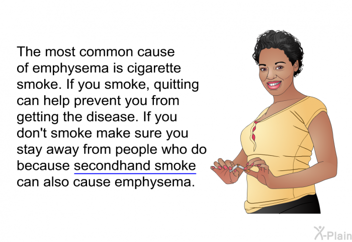The most common cause of emphysema is cigarette smoke. If you smoke, quitting can help prevent you from getting the disease. If you don't smoke make sure you stay away from people who do because secondhand smoke can also cause emphysema.