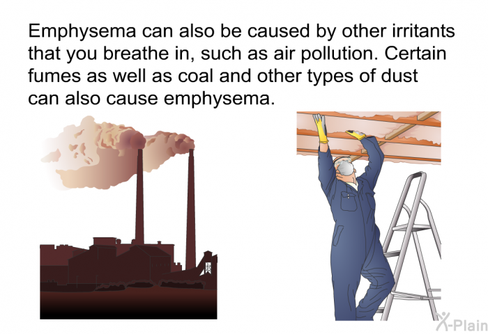 Emphysema can also be caused by other irritants that you breathe in, such as air pollution. Certain fumes as well as coal and other types of dust can also cause emphysema.