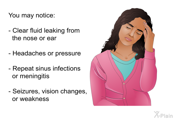 You may notice:  Clear fluid leaking from the nose or ear Headaches or pressure Repeat sinus infections or meningitis Seizures, vision changes, or weakness