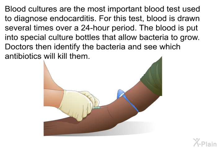 Blood cultures are the most important blood test used to diagnose endocarditis. For this test, blood is drawn several times over a 24-hour period. The blood is put into special culture bottles that allow bacteria to grow. Doctors then identify the bacteria and see which antibiotics will kill them.