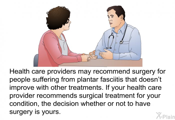 Health care providers may recommend surgery for people suffering from plantar fasciitis that doesn't improve with other treatments. If your health care provider recommends surgical treatment for your condition, the decision whether or not to have surgery is yours.