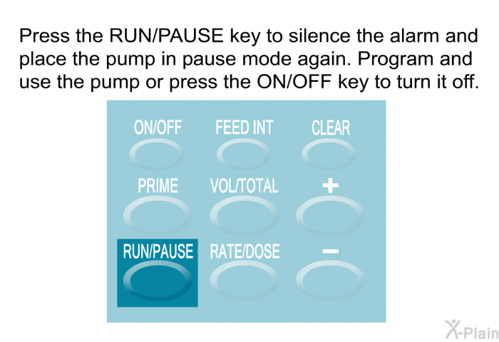 Press the RUN/PAUSE key to silence the alarm and place the pump in pause mode again. Program and use the pump or press the ON/OFF key to turn it off.