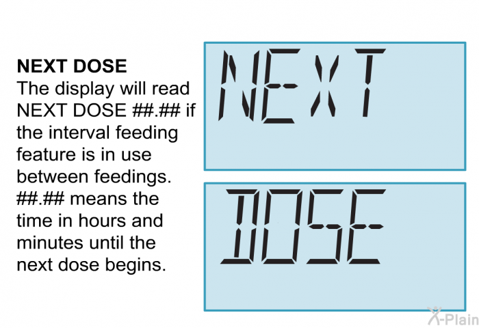<B>NEXT DOSE</B> 
The display will read NEXT DOSE ##.## if the interval feeding feature is in use between feedings. ##.## means the time in hours and minutes until the next dose begins.