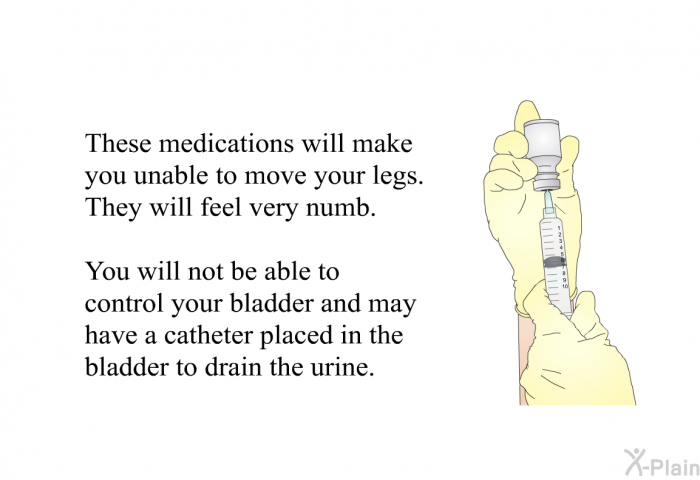 These medications will make you unable to move your legs. They will feel very numb. You will not be able to control your bladder and may have a catheter placed in the bladder to drain the urine.
