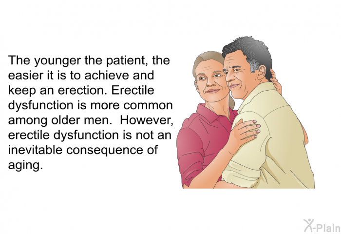 The younger the patient, the easier it is to achieve and keep an erection. Erectile dysfunction is more common among older men. However, erectile dysfunction is not an inevitable consequence of aging.