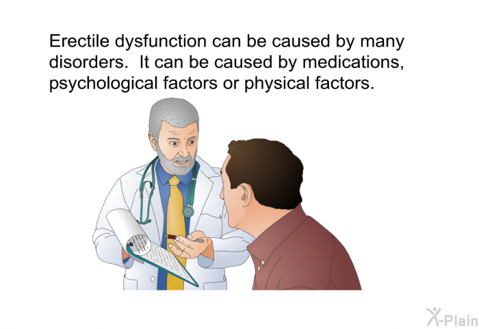 Erectile dysfunction can be caused by many disorders. It can be caused by medications, psychological factors or physical factors.