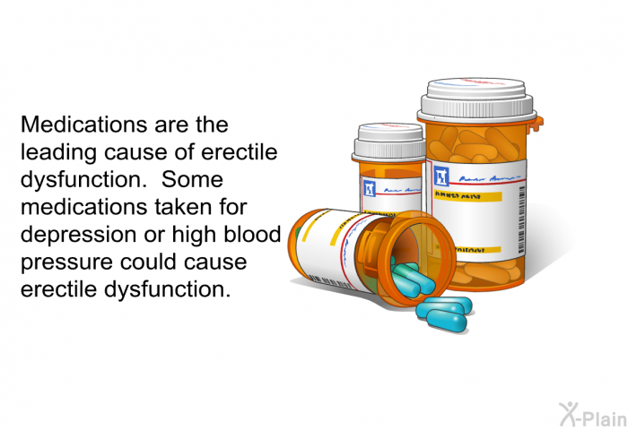 Medications are the leading cause of erectile dysfunction. Some medications taken for depression or high blood pressure could cause erectile dysfunction.