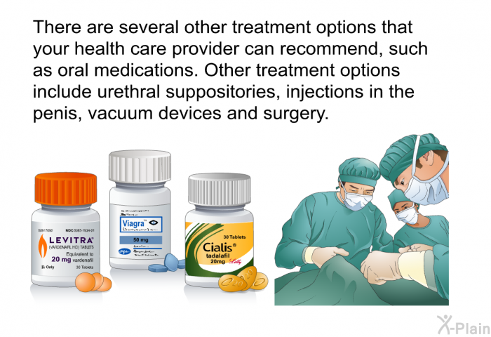 There are several other treatment options that your health care provider can recommend, such as oral medications. Other treatment options include urethral suppositories, injections in the penis, vacuum devices and surgery.