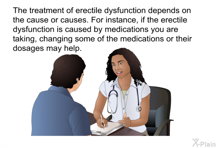The treatment of erectile dysfunction depends on the cause or causes. For instance, if the erectile dysfunction is caused by medications you are taking, changing some of the medications or their dosages may help.