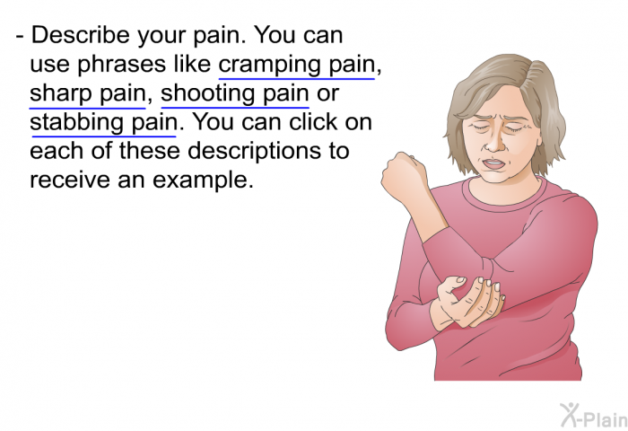 Describe your pain. You can use phrases like cramping pain, sharp pain, shooting pain or stabbing pain. You can click on each of these descriptions to receive an example.