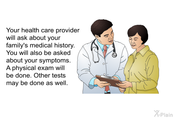 Your health care provider will ask about your family's medical history. You will also be asked about your symptoms. A physical exam will be done. Other tests may be done as well.
