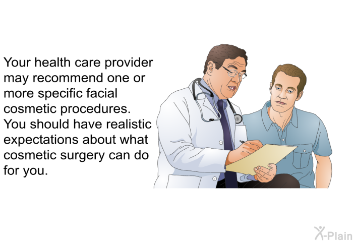 Your health care provider may recommend one or more specific facial cosmetic procedures. You should have realistic expectations about what cosmetic surgery can do for you.