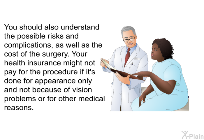 You should also understand the possible risks and complications, as well as the cost of the surgery. Your health insurance might not pay for the procedure if it's done for appearance only and not because of vision problems or for other medical reasons.
