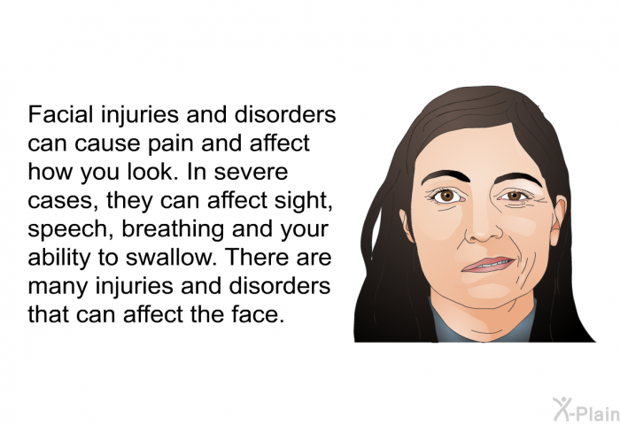 Facial injuries and disorders can cause pain and affect how you look. In severe cases, they can affect sight, speech, breathing and your ability to swallow. There are many injuries and disorders that can affect the face.