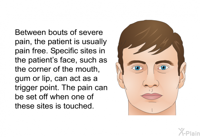 Between bouts of severe pain, the patient is usually pain free. Specific sites in the patient's face, such as the corner of the mouth, gum or lip, can act as a trigger point. The pain can be set off when one of these sites is touched.