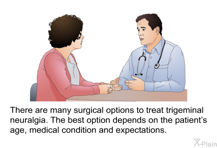 There are many surgical options to treat trigeminal neuralgia. The best option depends on the patient's age, medical condition and expectations.