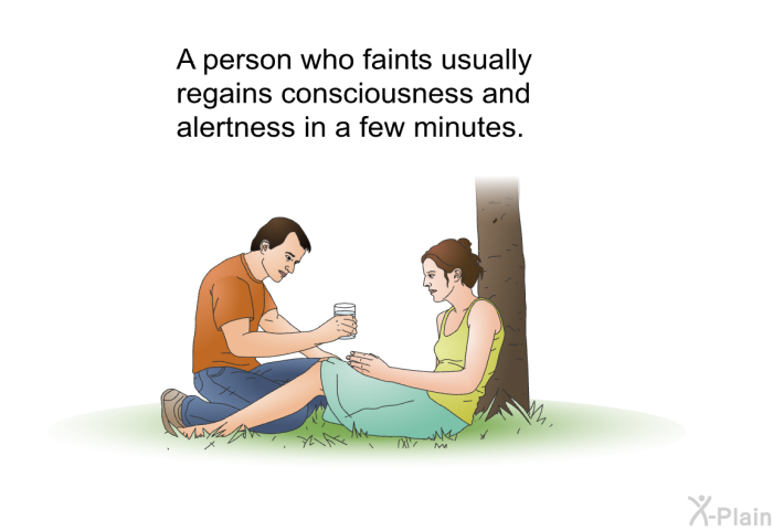 A person who faints usually regains consciousness and alertness in a few minutes.