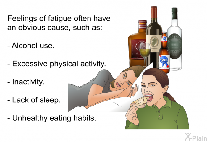 Feelings of fatigue often have an obvious cause, such as:  Alcohol use. Excessive physical activity. Inactivity. Lack of sleep. Unhealthy eating habits.