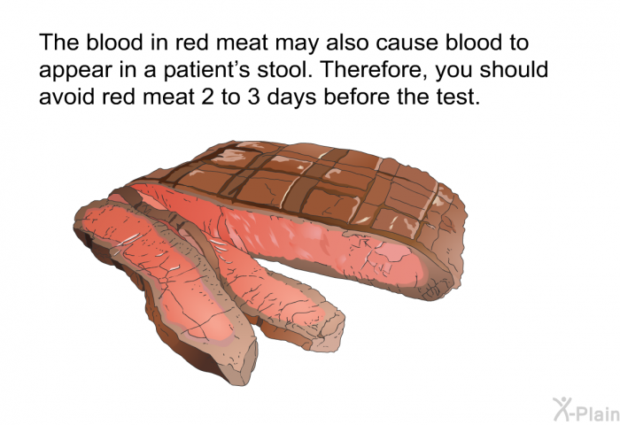 The blood in red meat may also cause blood to appear in a patient's stool. Therefore, you should avoid red meat 2 to 3 days before the test.