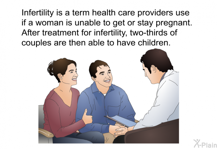 Infertility is a term health care providers use if a woman is unable to get or stay pregnant. After treatment for infertility, two-thirds of couples are then able to have children.