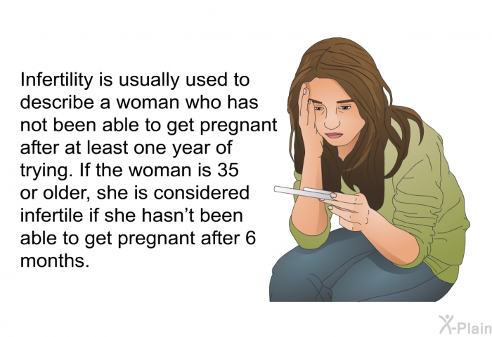 Infertility is usually used to describe a woman who has not been able to get pregnant after at least one year of trying. If the woman is 35 or older, she is considered infertile if she hasn't been able to get pregnant after 6 months.