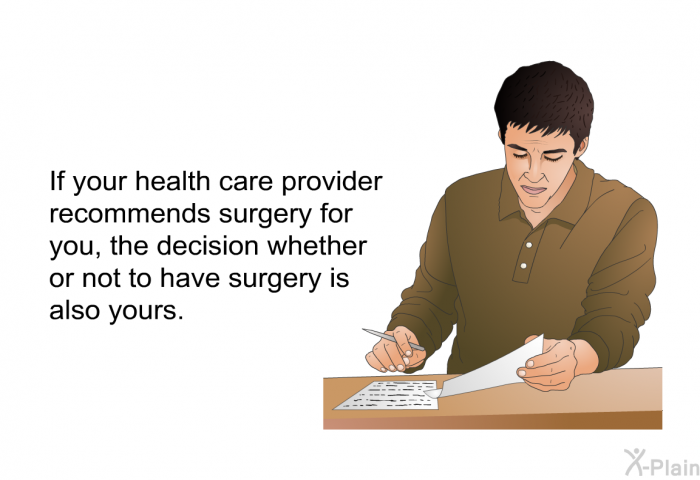 If your health care provider recommends surgery for you, the decision whether or not to have surgery is also yours.