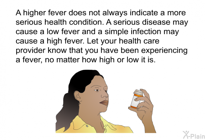 A higher fever does not always indicate a more serious health condition. A serious disease may cause a low fever and a simple infection may cause a high fever. Let your health care provider know that you have been experiencing a fever, no matter how high or low it is.