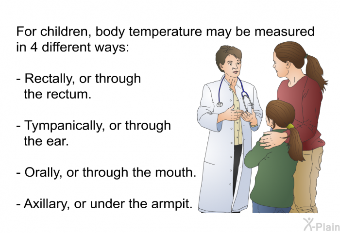 For children, body temperature may be measured in 4 different ways:  Rectally, or through the rectum. Tympanically, or through the ear. Orally, or through the mouth. Axillary, or under the armpit.