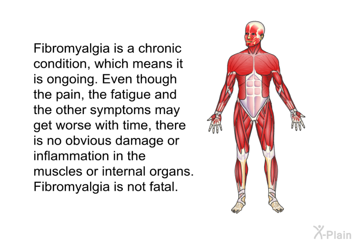Fibromyalgia is a chronic condition, which means it is ongoing. Even though the pain, the fatigue and the other symptoms may get worse with time, there is no obvious damage or inflammation in the muscles or internal organs. Fibromyalgia is not fatal.