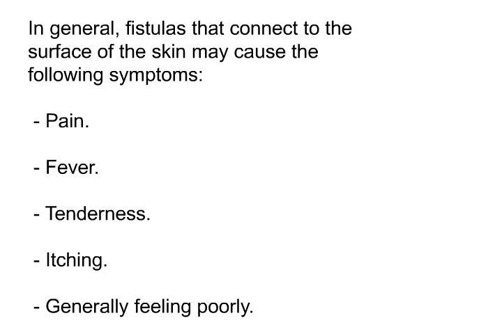 In general, fistulas that connect to the surface of the skin may cause the following symptoms:  Pain. Fever. Tenderness. Itching. Generally feeling poorly.