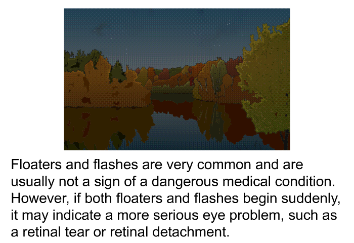Floaters and flashes are very common and are usually not a sign of a dangerous medical condition. However, if both floaters and flashes begin suddenly, it may indicate a more serious eye problem, such as a retinal tear or retinal detachment.
