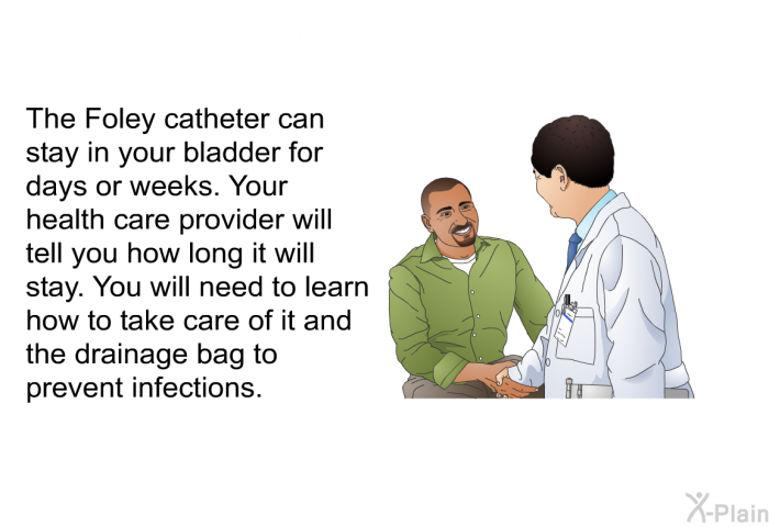 The Foley catheter can stay in your bladder for days or weeks. Your health care provider will tell you how long it will stay. You will need to learn how to take care of it and the drainage bag to prevent infections.