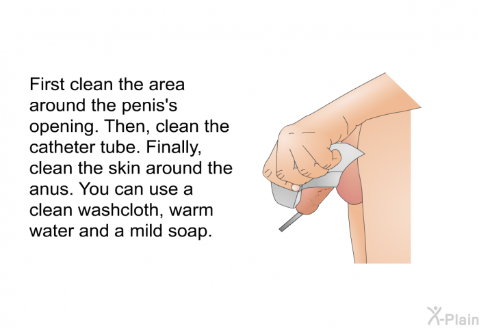 First clean the area around the penis's opening. Then, clean the catheter tube. Finally, clean the skin around the anus. You can use a clean washcloth, warm water and a mild soap.