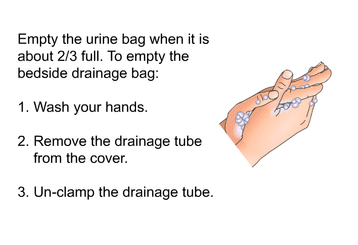 Empty the urine bag when it is about 2/3 full. To empty the bedside drainage bag:  Wash your hands. Remove the drainage tube from the cover. Un-clamp the drainage tube.