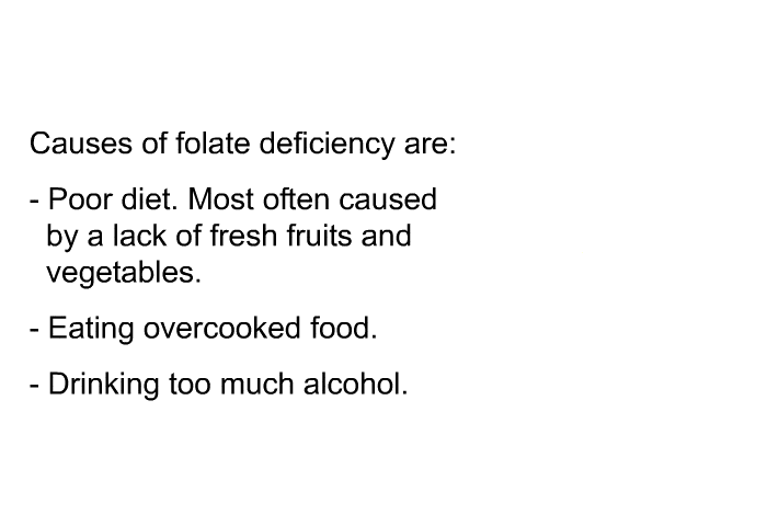 Causes of folate deficiency are:  Poor diet. Most often caused by a lack of fresh fruits and vegetables. Eating overcooked food. Drinking too much alcohol.