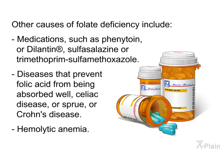 Other causes of folate deficiency include:  Medications, such as phenytoin, or Dilantin , sulfasalazine or trimethoprim-sulfamethoxazole. Diseases that prevent folic acid from being absorbed well, celiac disease, or sprue, or Crohn's disease. Hemolytic anemia.