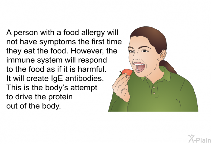 A person with a food allergy will not have symptoms the first time they eat the food. However, the immune system will respond to the food as if it is harmful. It will create IgE antibodies. This is the body's attempt to drive the protein out of the body.