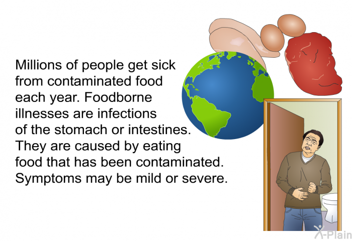 Millions of people get sick from contaminated food each year. Foodborne illnesses are infections of the stomach or intestines. They are caused by eating food that has been contaminated. Symptoms may be mild or severe.