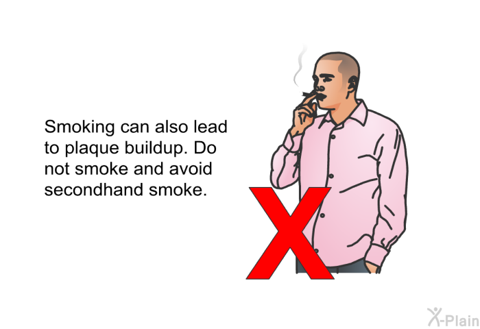 Smoking can also lead to plaque buildup. Do not smoke and avoid secondhand smoke.