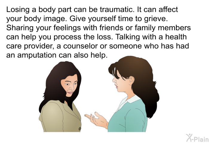 Losing a body part can be traumatic. It can affect your body image. Give yourself time to grieve. Sharing your feelings with friends or family members can help you process the loss. Talking with a health care provider, a counselor or someone who has had an amputation can also help.